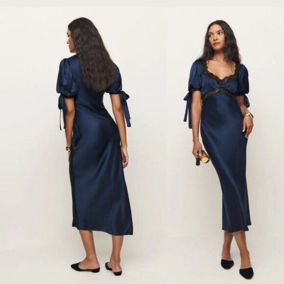 NWT Reformation Stella Silk Midi Dress Sz 0 NavyLace Trim Puff Sleeves w/ Tie